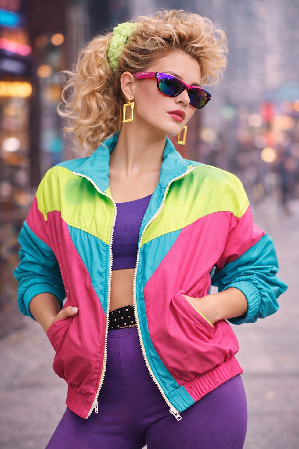 Color-Blocked Windbreaker With Athletic Leggings — Trendy 80s Outfits