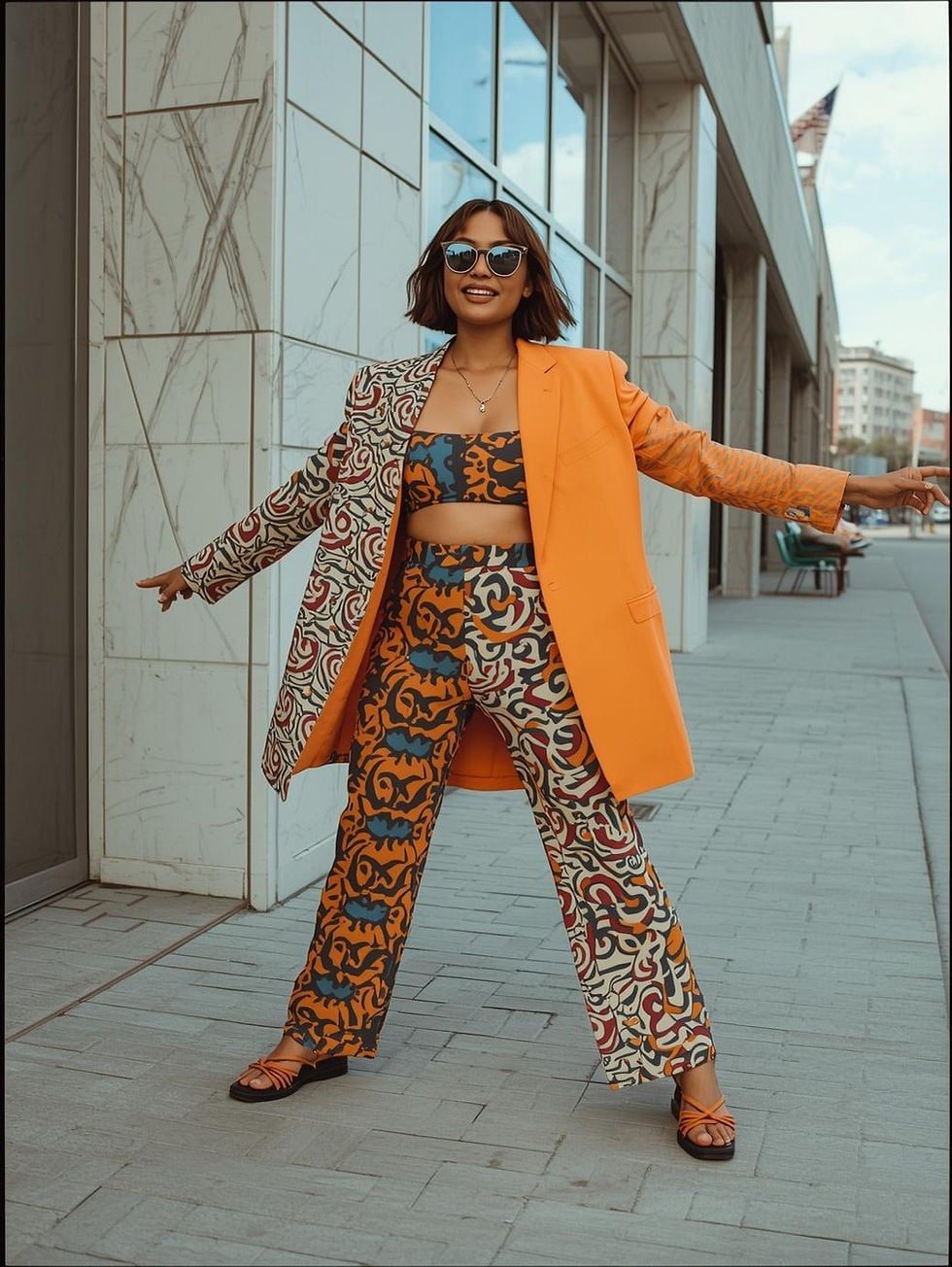 Orange Oversized Blazer With Printed Set and Sandals, Close-Up Take — Trendy 80s Outfits
