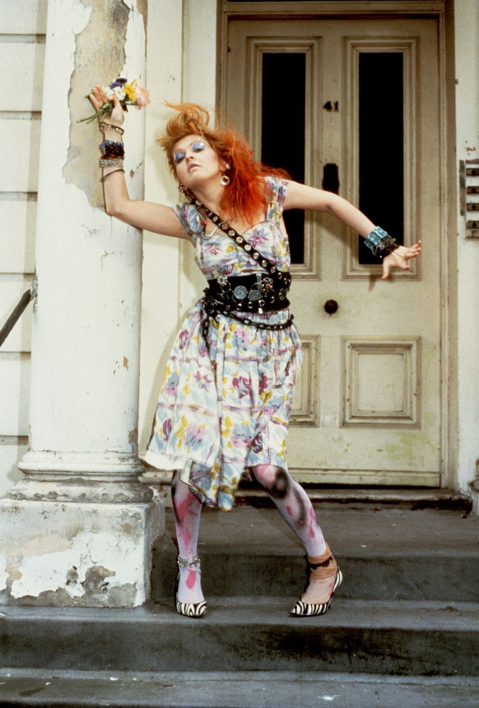 Floral Print Dress with Studded Belt and Mixed Patterns — Trendy 80s Party Outfit