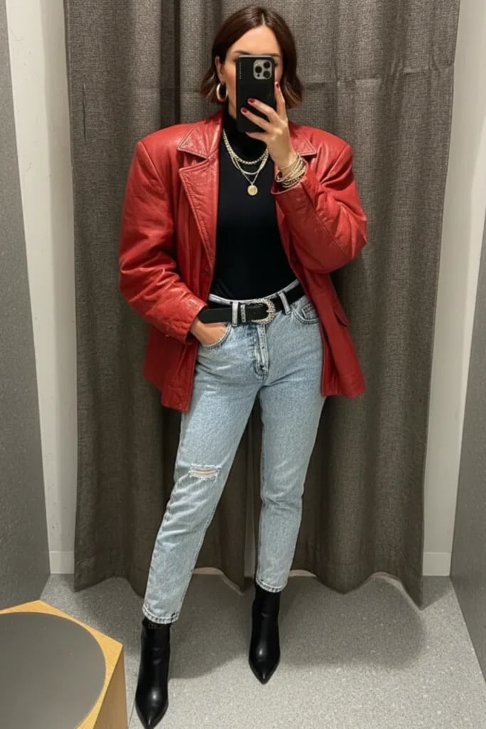 Red Leather Blazer with Acid Wash Jeans — Trendy 80s Party Outfit