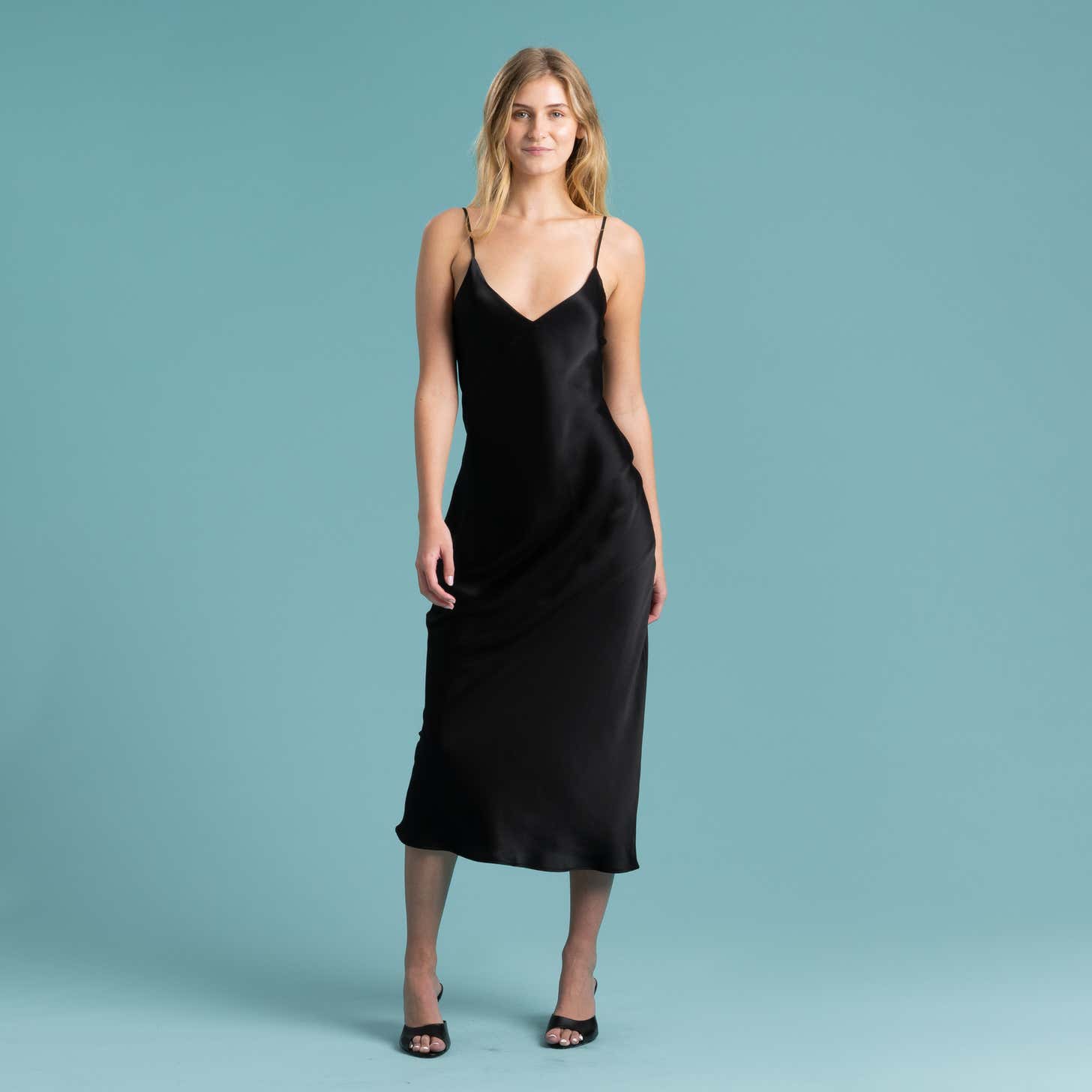 Satin Slip Dress with Heeled Sandals — Trendy All Black Outfits