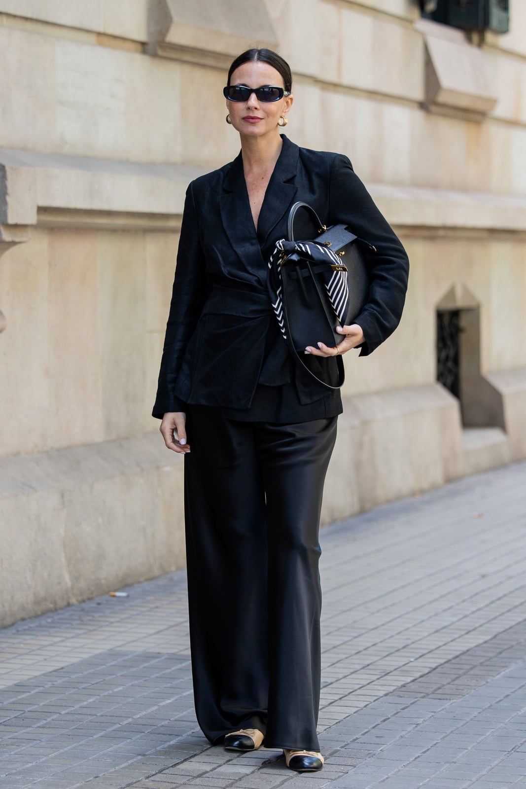 Blazer with Twisted Detail and Satin Trousers — Trendy All Black Outfits