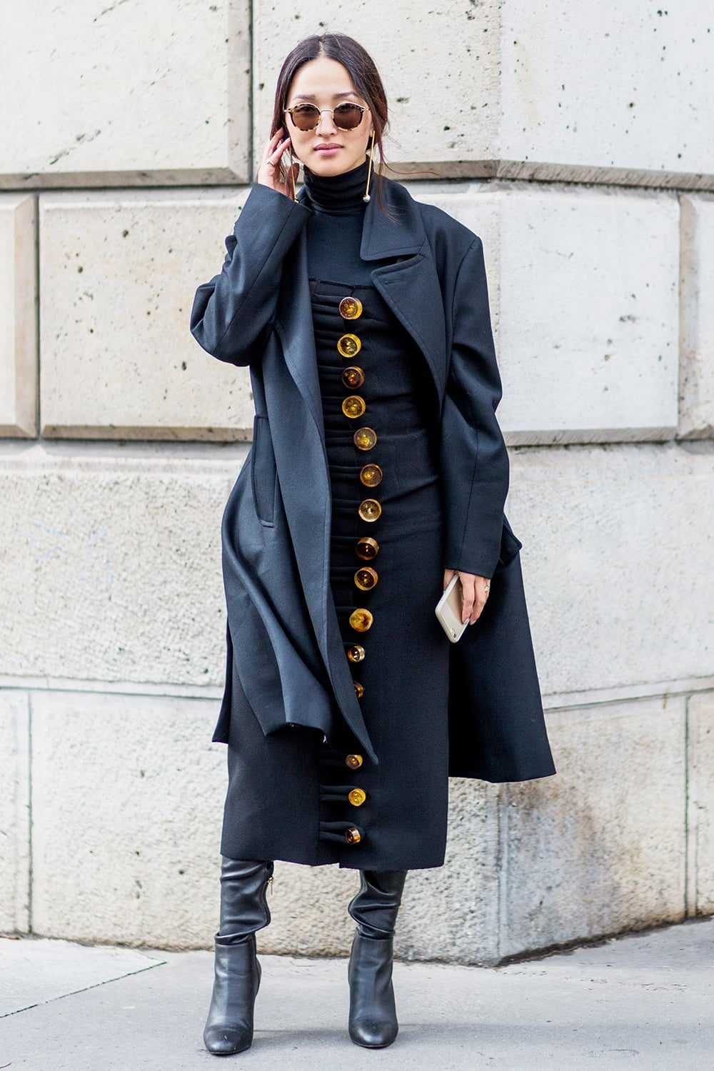 Long Coat Over Button-Front Dress — Trendy All Black Outfits