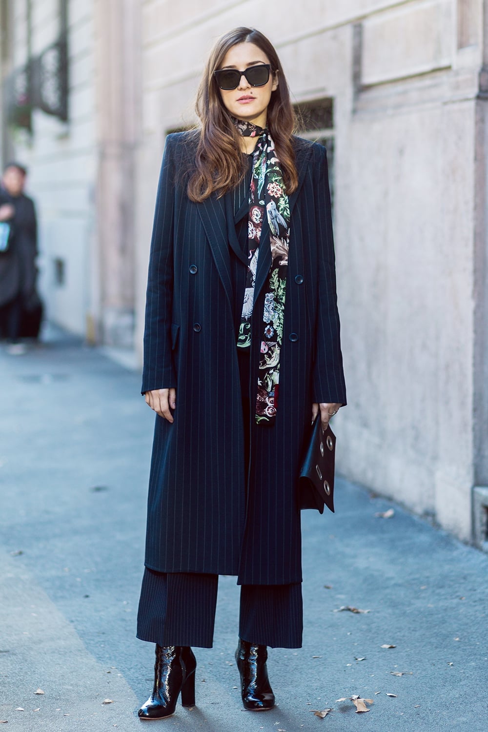 Pinstripe Coat Over Matching Trousers — Trendy All Black Outfits