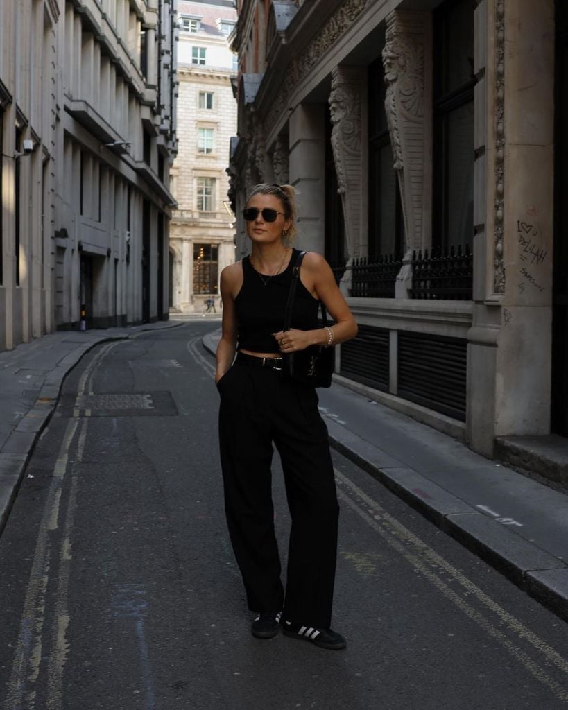 Tank Top with Wide-Leg Trousers and Sneakers — Trendy All Black Outfits