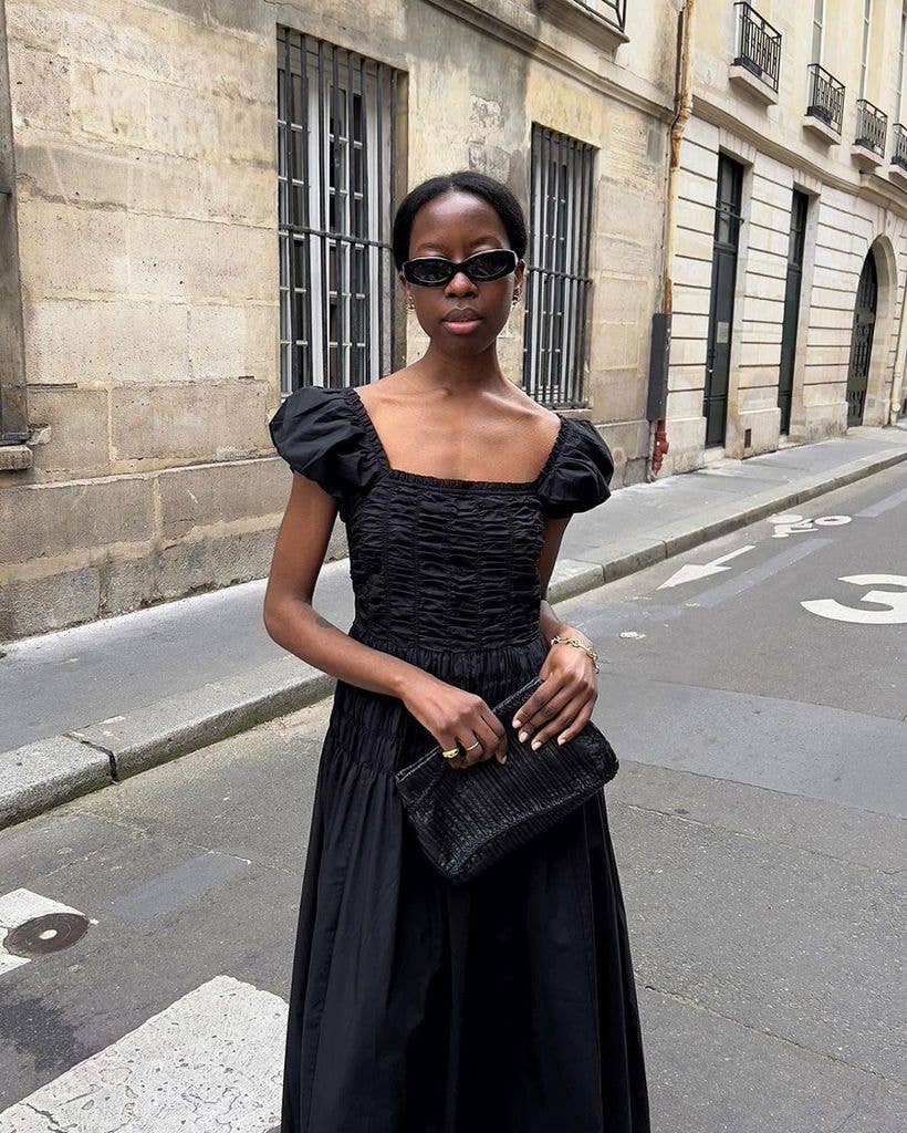 Smocked Midi Dress with Puff Sleeves — Trendy All Black Outfits