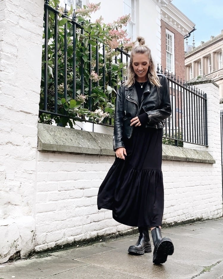 Leather Moto Jacket Over Midi Dress — Trendy All Black Outfits
