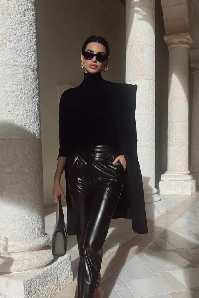 Turtleneck with Leather Pants and Coat — Trendy All Black Outfits