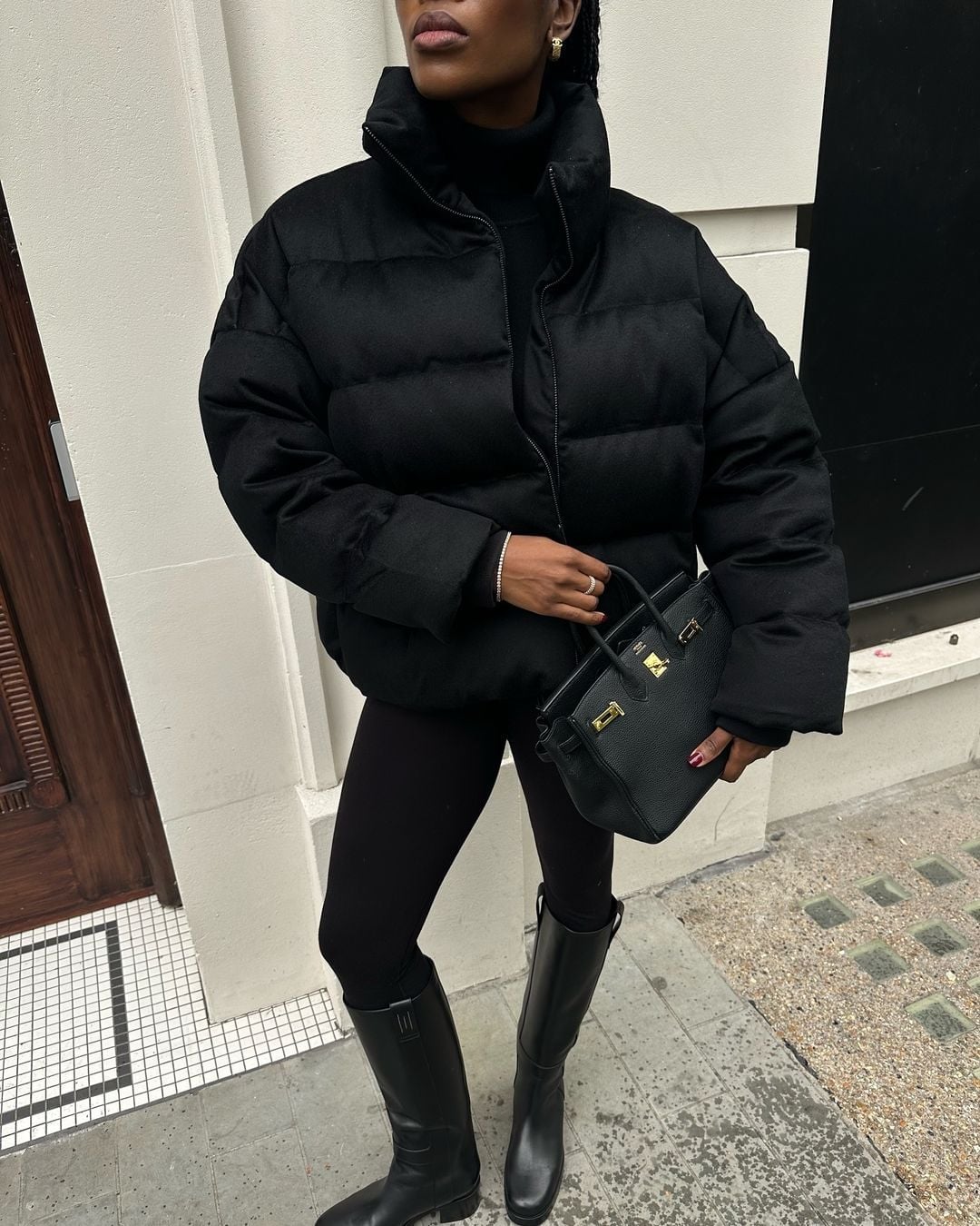 Puffer Jacket with Leggings and Boots — Trendy All Black Outfits