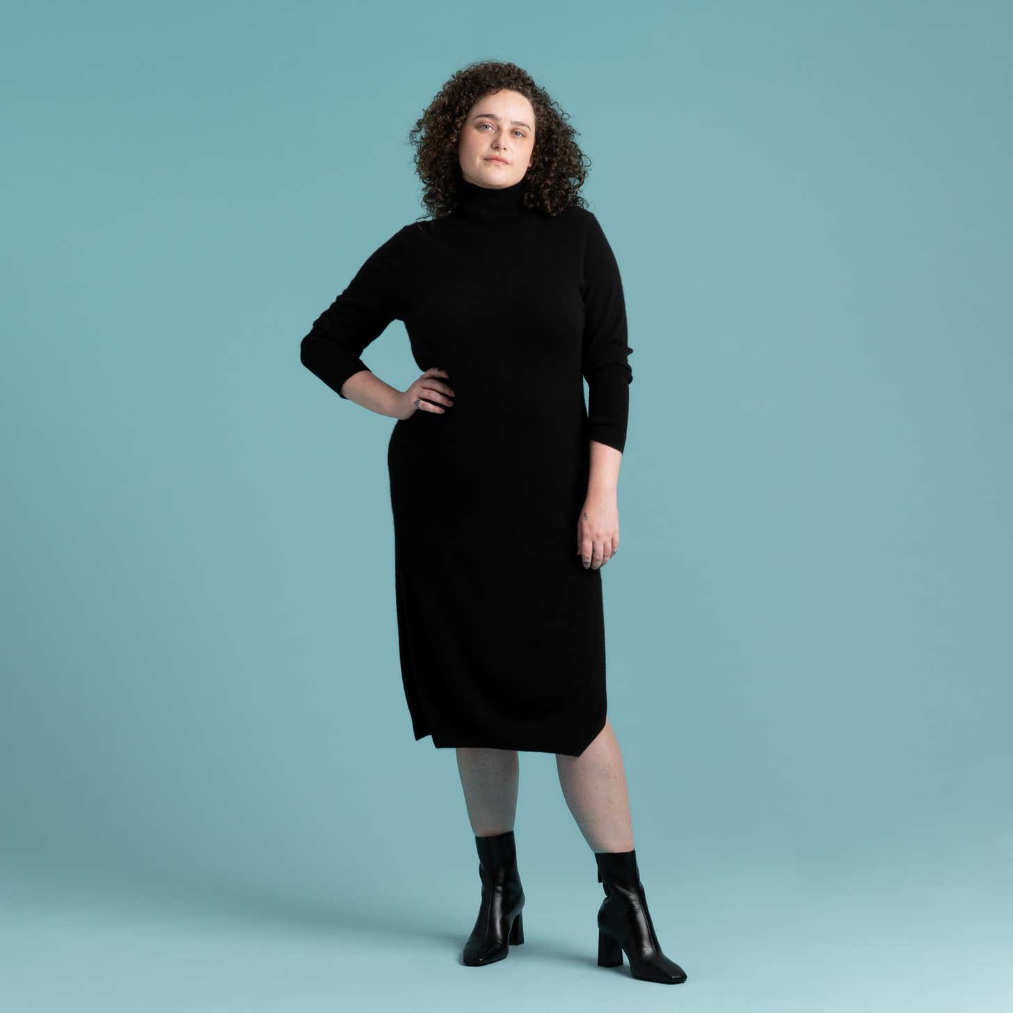 Turtleneck Dress with Asymmetrical Hem — Trendy All Black Outfits