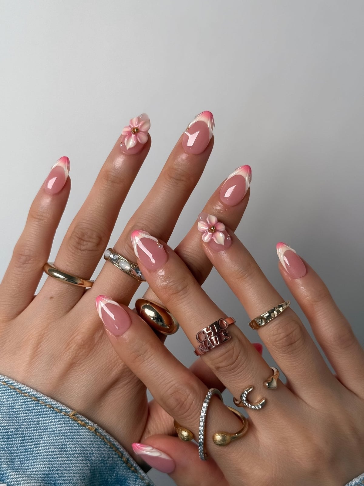 3D Pink Flower Pearl French Almonds 3D Pink Flower Pearl French Almonds — Trendy Almond Nails French