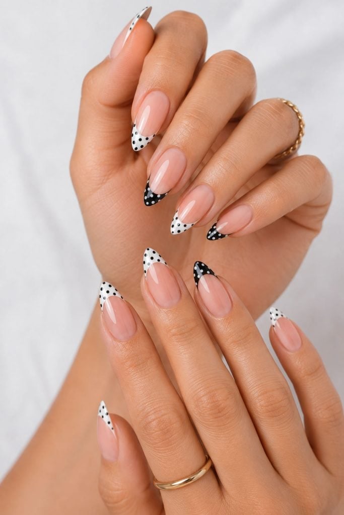Black and White Polka Dot French Almonds, Glossy Black and White Polka Dot French Almonds, Glossy — Trendy Almond Nails French