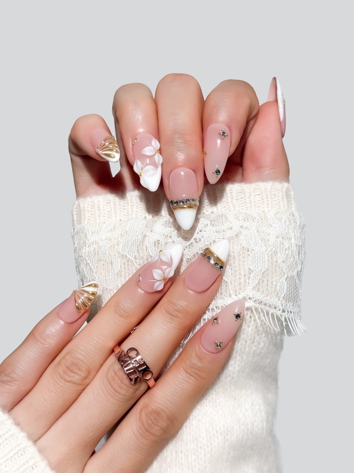 3D Floral Gold Rhinestone French Almonds 3D Floral Gold Rhinestone French Almonds — Trendy Almond Nails French