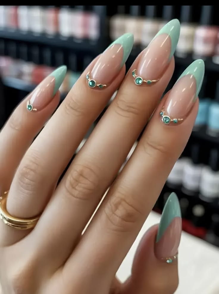 Teal Rhinestone Mint Green French Almonds Teal Rhinestone Mint Green French Almonds — Trendy Almond Nails French