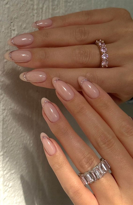 Silver Glitter Line French Almond Nails Silver Glitter Line French Almond Nails — Trendy Almond Nails French
