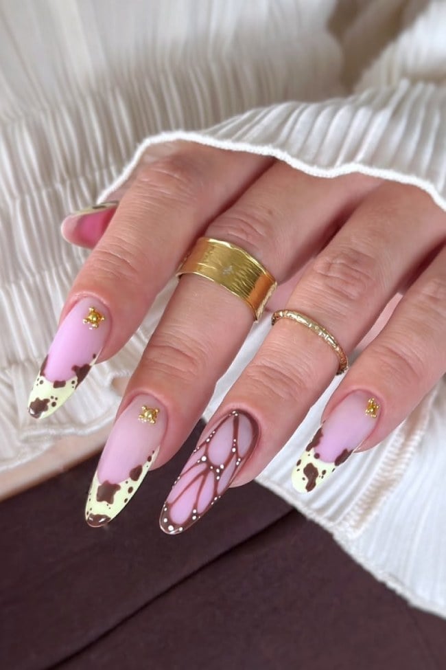 Cow Print Butterfly Wing Long Almonds Cow Print Butterfly Wing Long Almonds — Trendy Almond Nails French