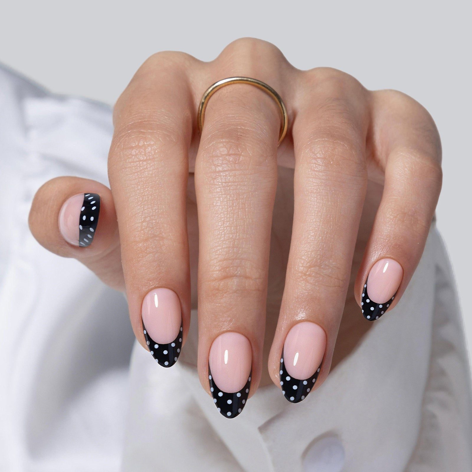 Black French Tips with White Polka Dots Black French Tips with White Polka Dots — Trendy Almond Nails French