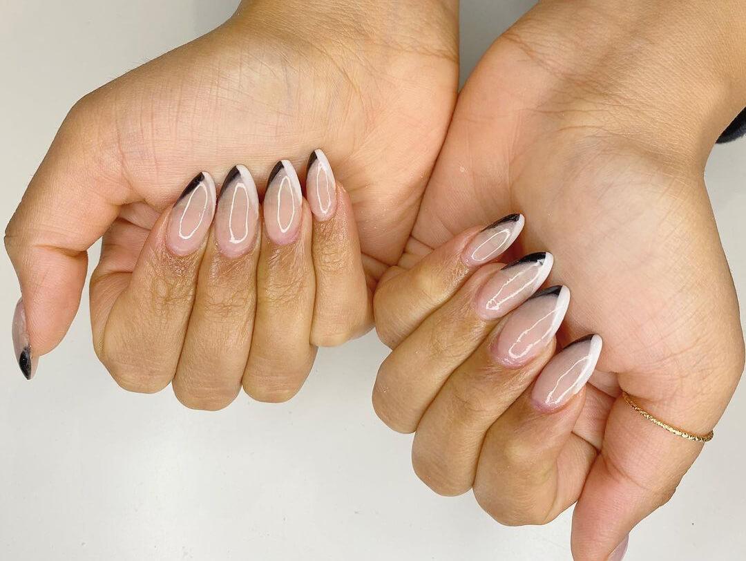 V-Shaped Black and White French Almonds V-Shaped Black and White French Almonds — Trendy Almond Nails French
