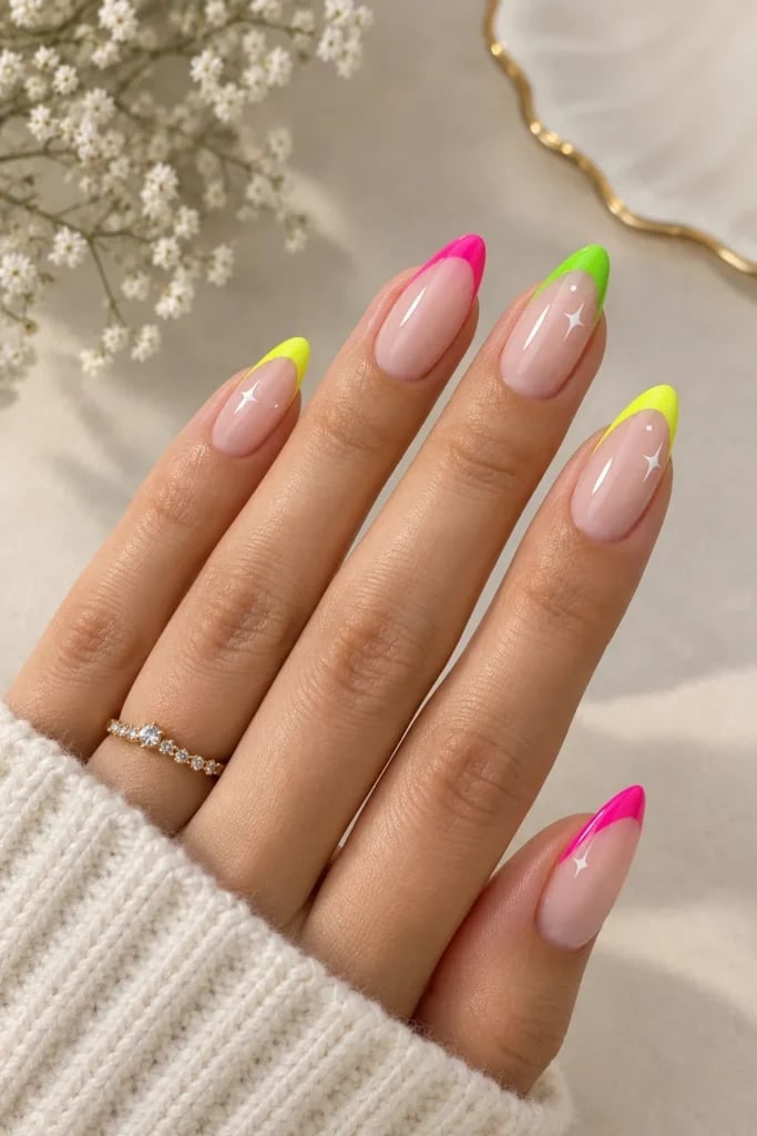 Neon Pink and Yellow Star Accent French Almonds Neon Pink and Yellow Star Accent French Almonds — Trendy Almond Nails French