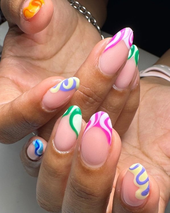 Abstract Swirl Color French Matte Almonds Abstract Swirl Color French Matte Almonds — Trendy Almond Nails French