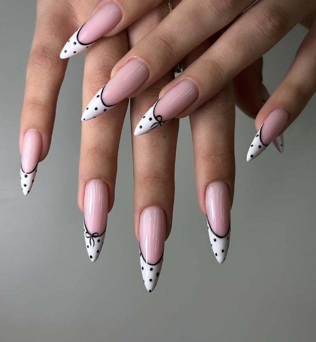 Bow Polka Dot Black Outline French Almonds Bow Polka Dot Black Outline French Almonds — Trendy Almond Nails French