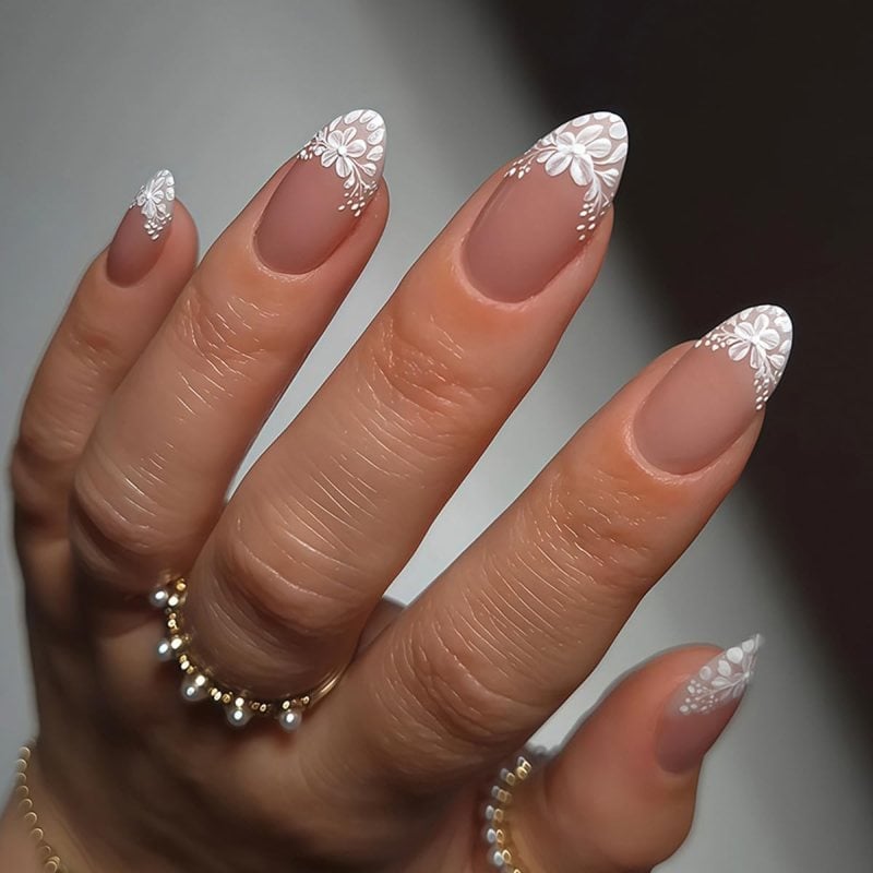 Floral Lace French Tip Almond Nails Floral Lace French Tip Almond Nails — Trendy Almond Nails French
