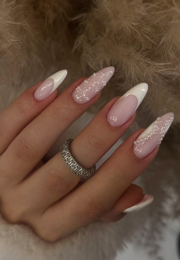 Pearl Embellished White French Almond Nails Pearl Embellished White French Almond Nails — Trendy Almond Nails French