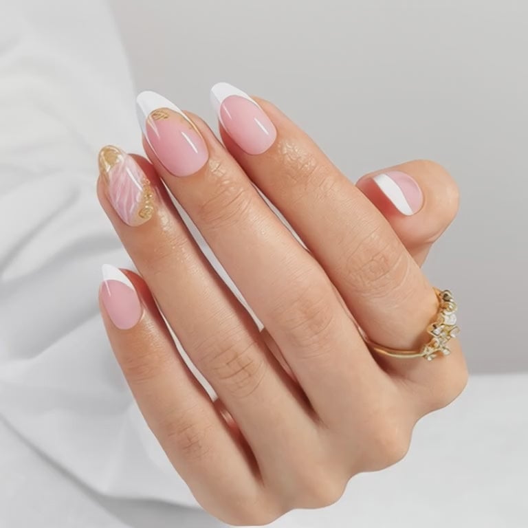 Gold Foil Accent French Almond Nails Gold Foil Accent French Almond Nails — Trendy Almond Nails French