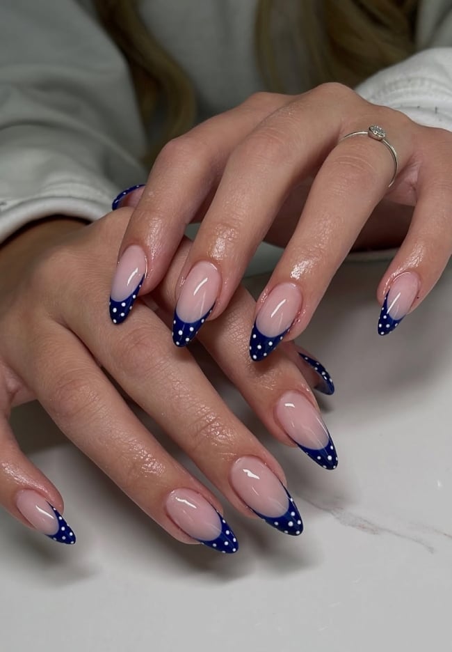 Navy Blue Polka Dot French Almonds Navy Blue Polka Dot French Almonds — Trendy Almond Nails French