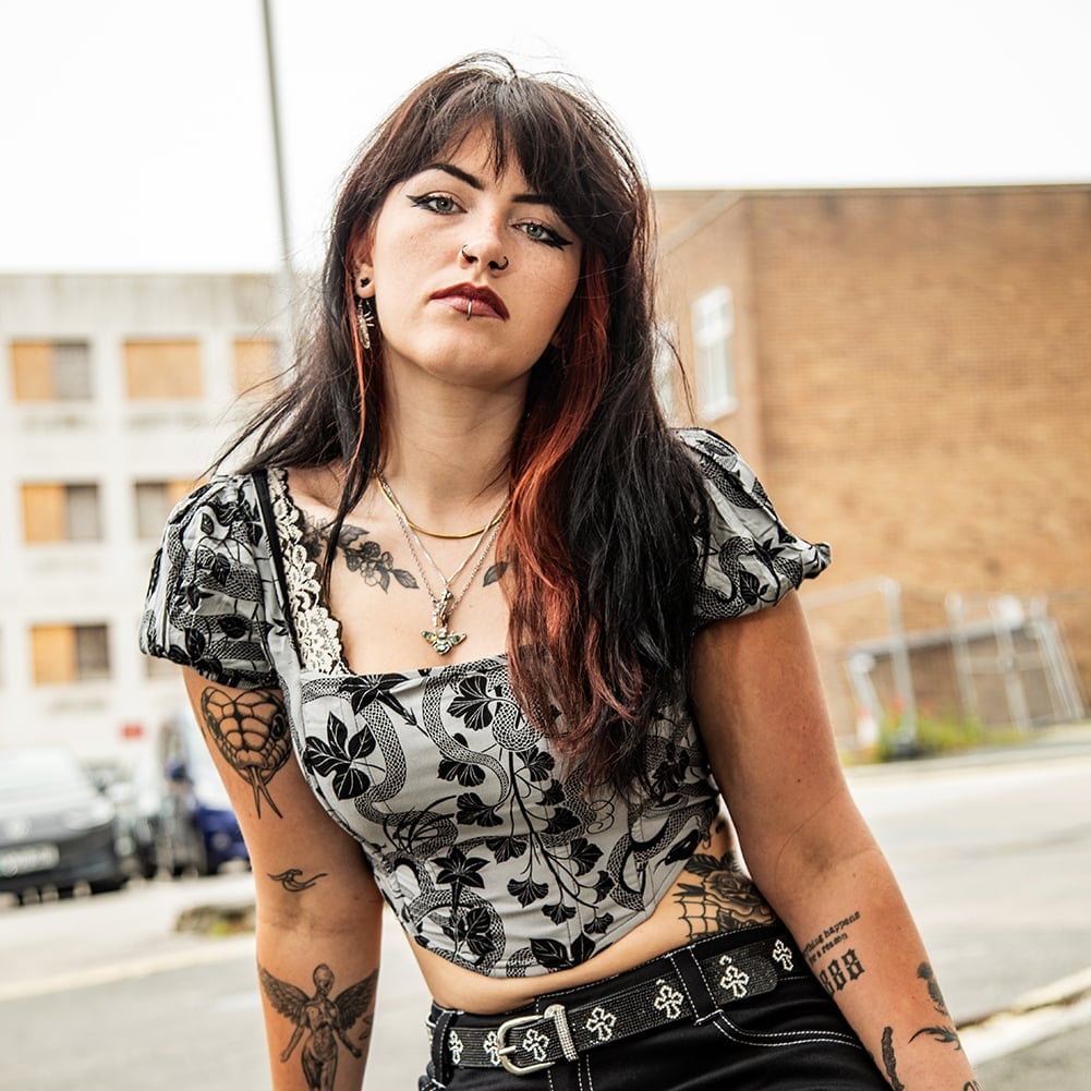 Patterned Corset Top with Lace Trim — Trendy Alt Outfits