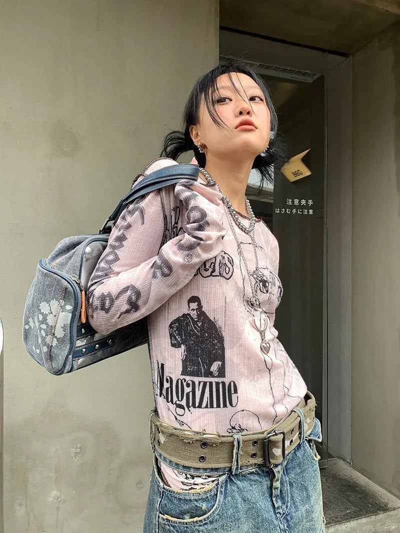 Pink Mesh Graphic Top with Distressed Jeans — Trendy Alt Outfits