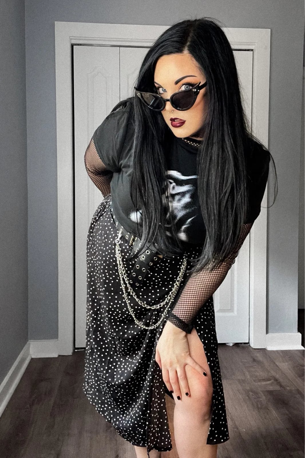 Graphic Tee Over Fishnet Top with Polka Dot Skirt — Trendy Alt Outfits