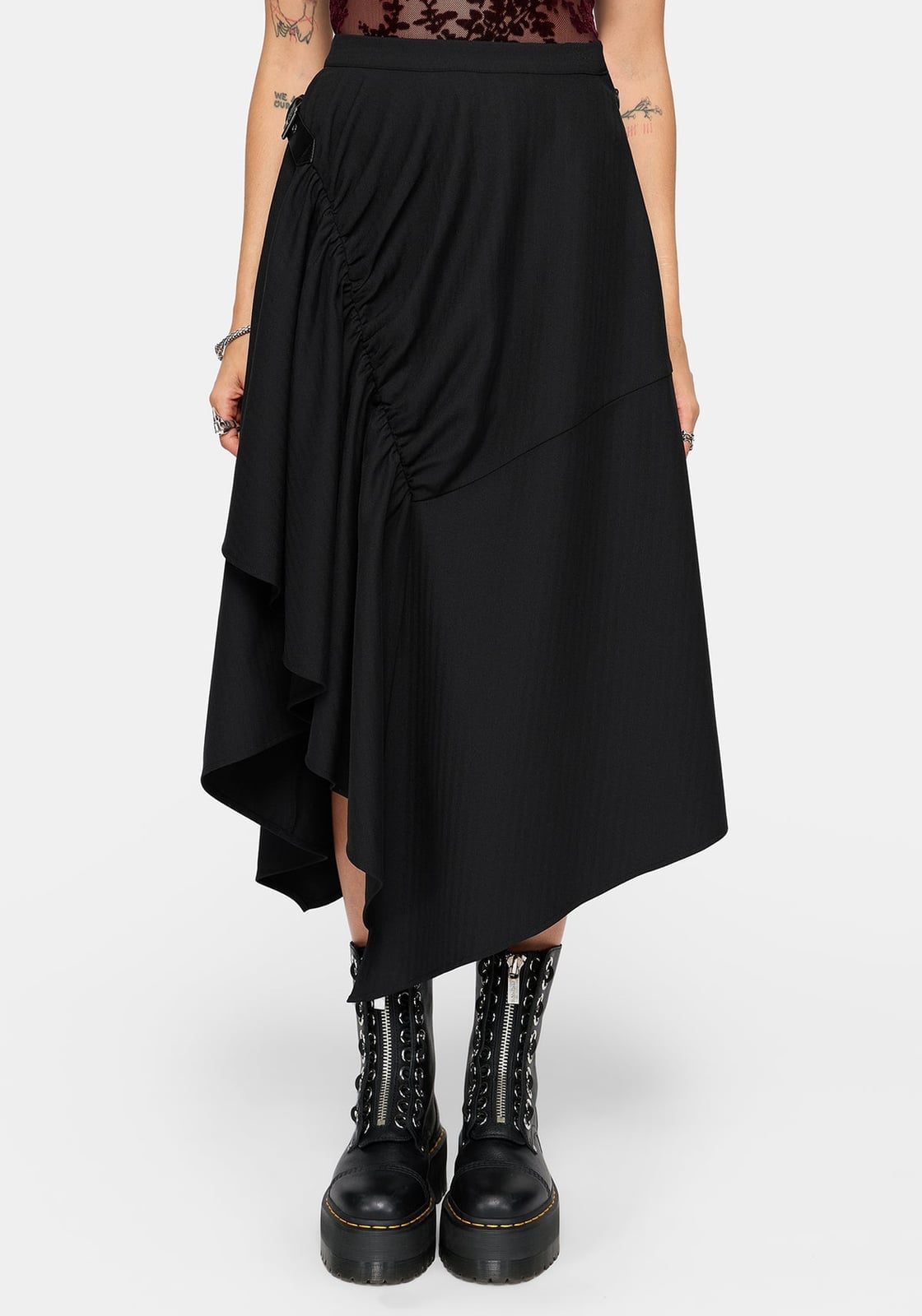 Asymmetrical Midi Skirt with Ruched Detail — Trendy Alt Outfits