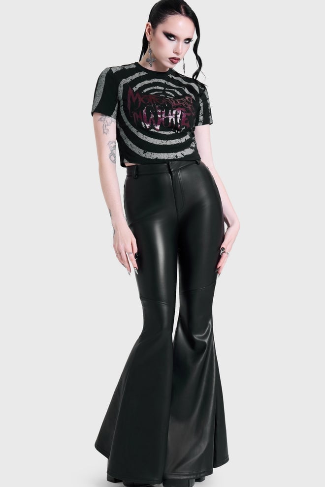 Graphic Crop Top with Flared Faux Leather Pants — Trendy Alt Outfits