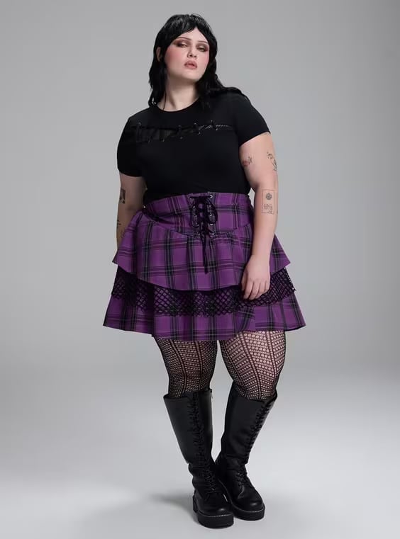 Graphic Tee and Layered Plaid Skirt with Corset Detail — Trendy Alt Outfits