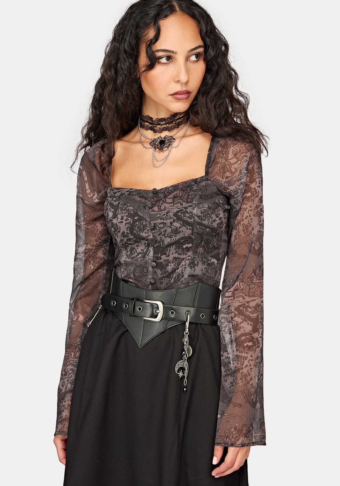 Sheer Printed Top Cinched with a Corset Belt — Trendy Alt Outfits