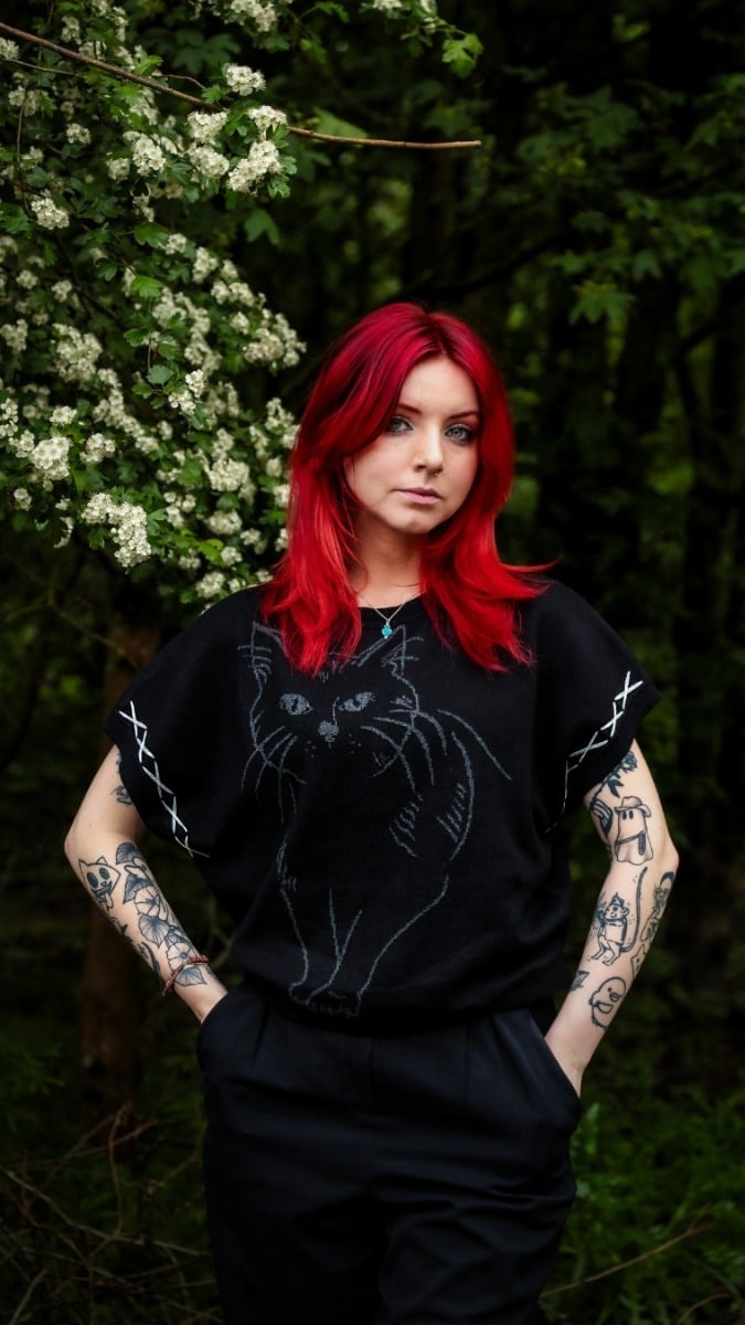 Knit Graphic Top with Cat Print Detail — Trendy Alt Outfits