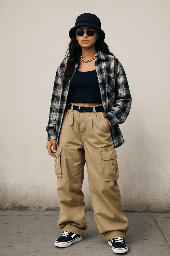 Oversized Plaid Flannel with Baggy Cargo Pants — Trendy Alt Outfits