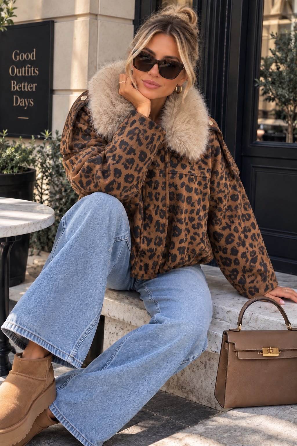 Oversized Leopard Print Jacket with Wide-Leg Jeans — Trendy Animal Print Outfits