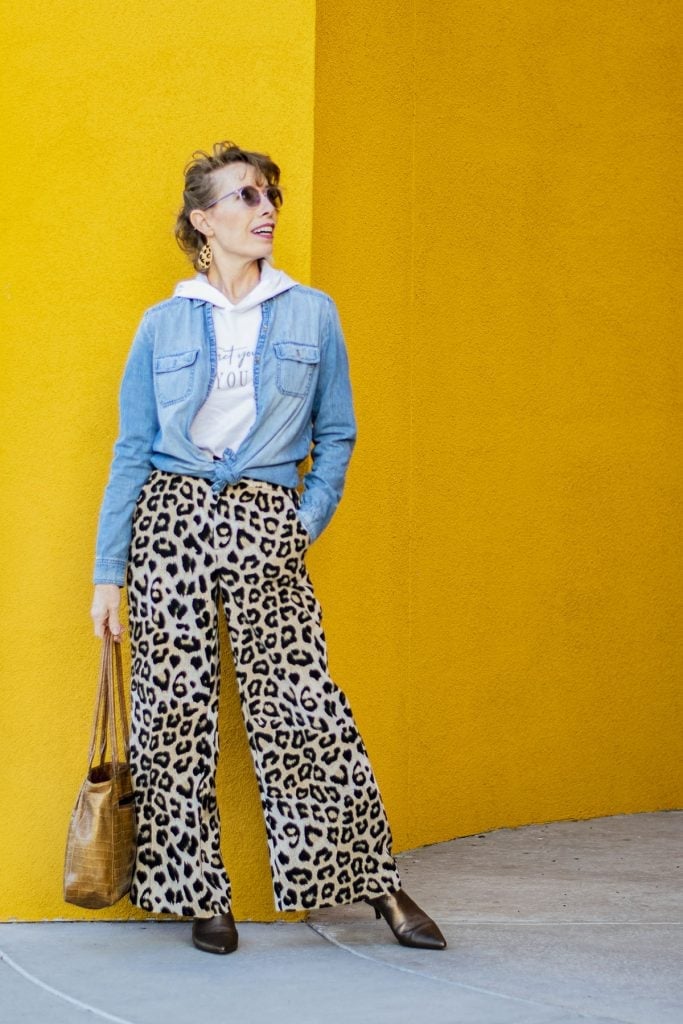 Leopard Print Trousers Layered with Denim Shirt — Trendy Animal Print Outfits
