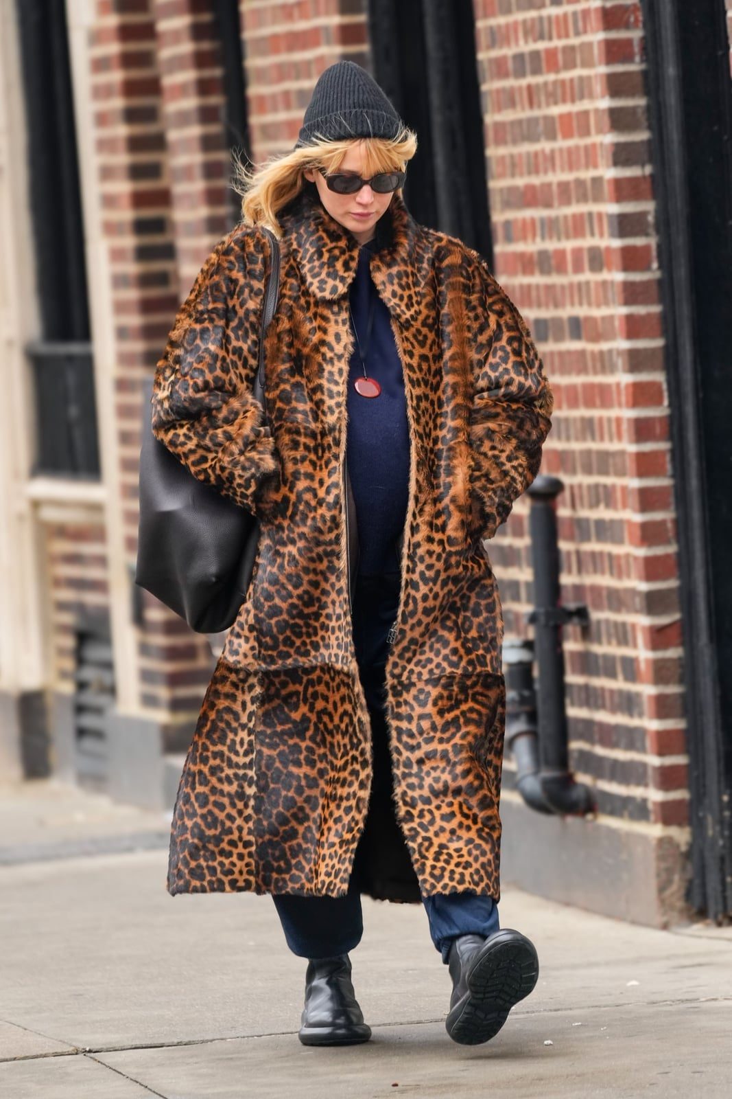 Faux Fur Leopard Coat Over Navy Sweater — Trendy Animal Print Outfits