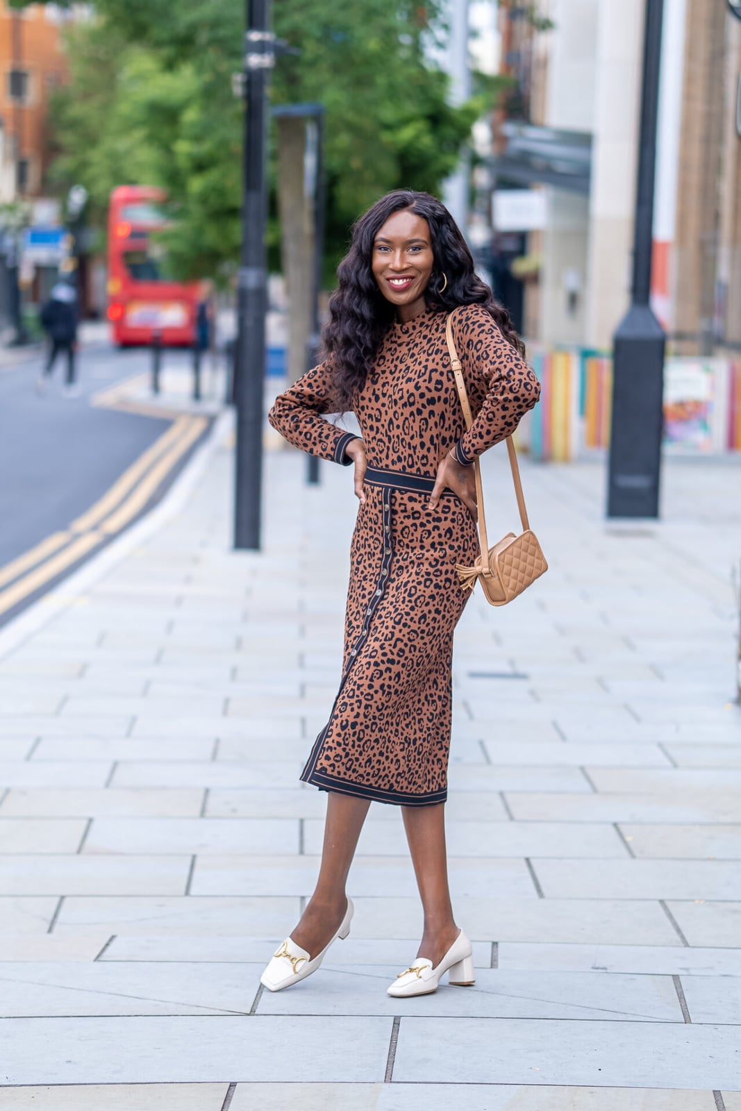 Fitted Leopard Print Knit Dress with Block Heels — Trendy Animal Print Outfits