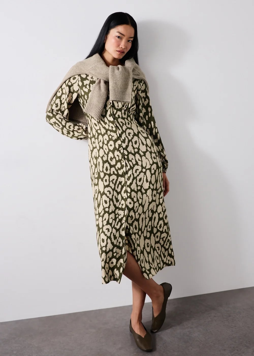 Green and Beige Leopard Print Midi Dress — Trendy Animal Print Outfits