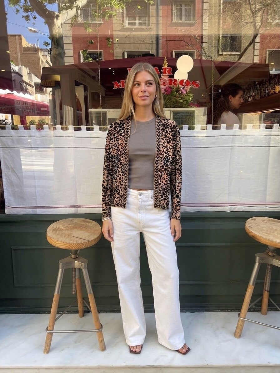 Leopard Print Velvet Cardigan Over Basic Layers — Trendy Animal Print Outfits