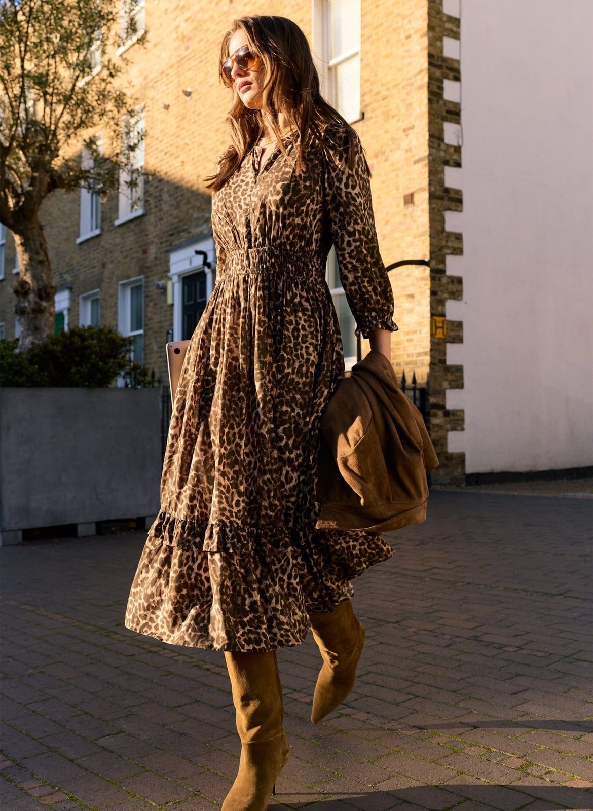 Tiered Leopard Print Midi Dress with Knee-High Boots — Trendy Animal Print Outfits