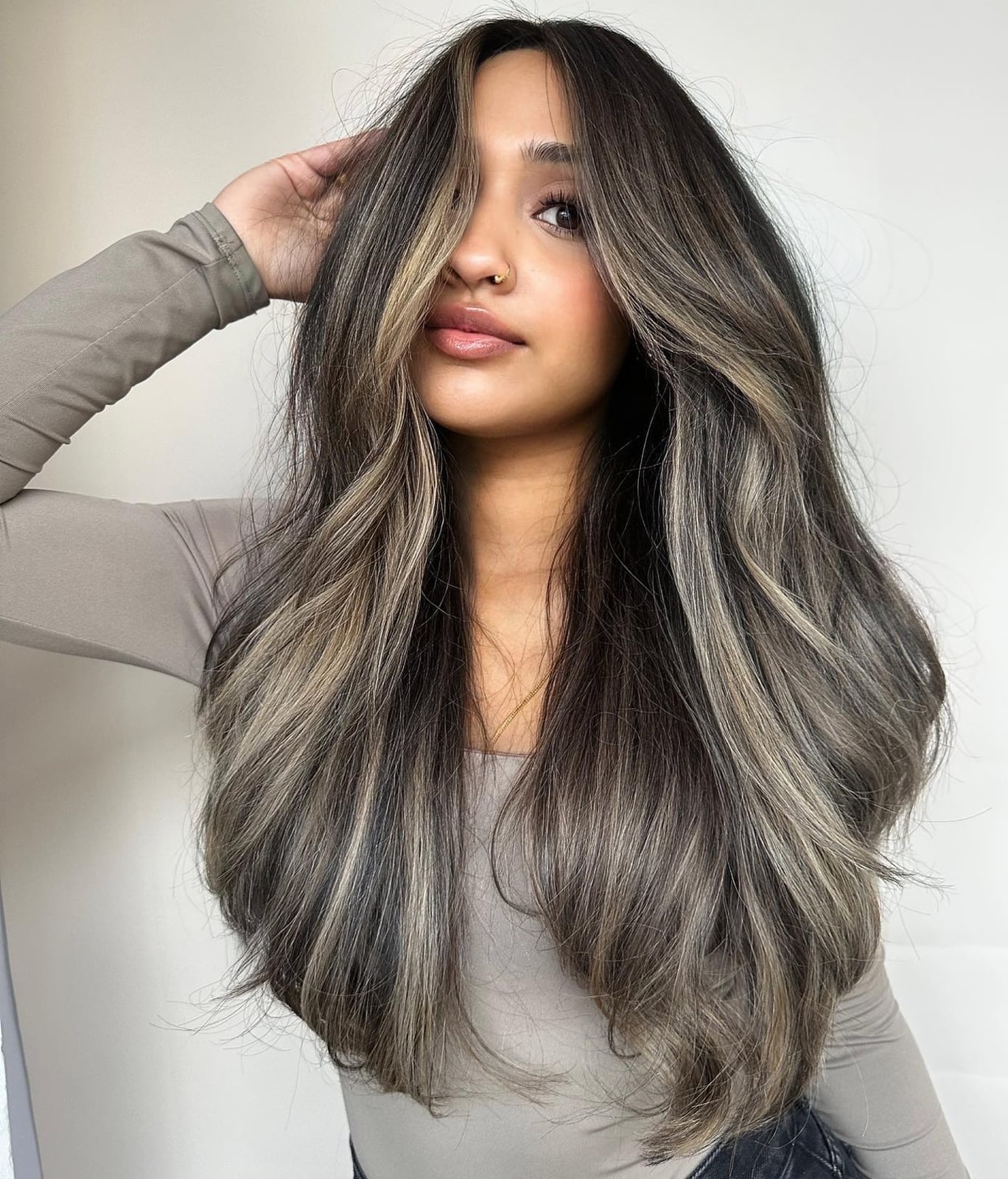 Collarbone Lob Ash Brown Balayage Back View — Trendy Ash Brown Hair