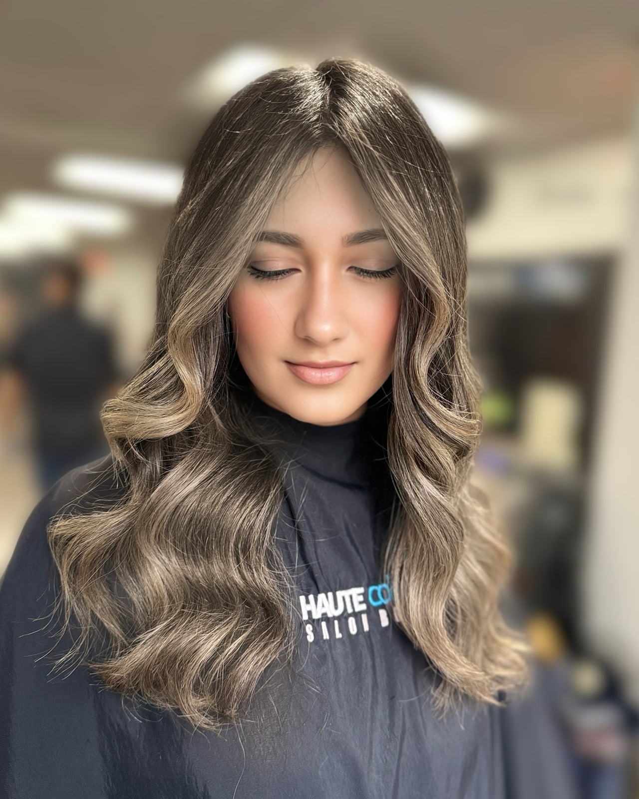 Long Ash Brown Balayage Blowout With Curtain Bangs, Wavy — Trendy Ash Brown Hair
