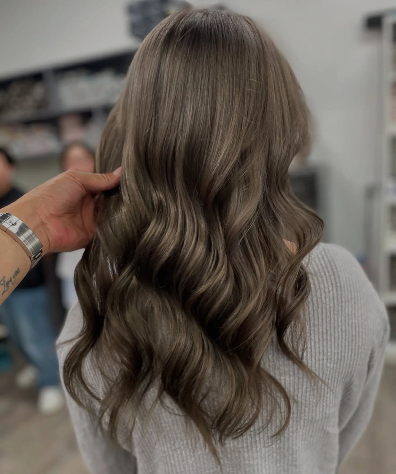 Mid-Back Ash Brown With Subtle Highlights Back View, Layers — Trendy Ash Brown Hair