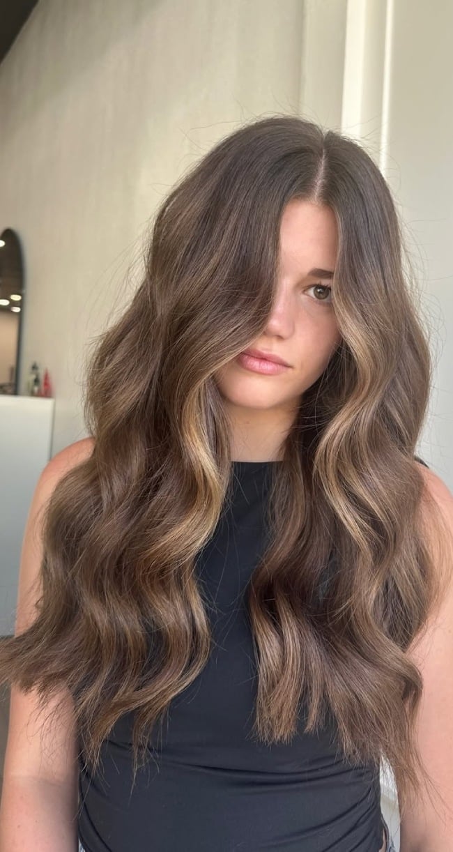 Mid-Back Cool Ash Brunette With Caramel Money Piece — Trendy Ash Brown Hair