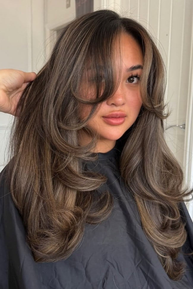 Long Ash Brown Balayage With Curtain Bangs — Trendy Ash Brown Hair